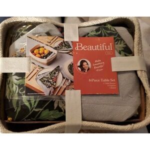 Beautiful 8-Piece Table Set Runner 6 Napkins Drew Barrymore Basket Gray + Floral